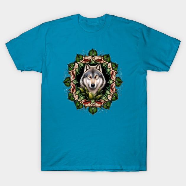 A Timber Wolf Surrounded By Lady's Slipper Minnesota State Tattoo Art T-Shirt by taiche